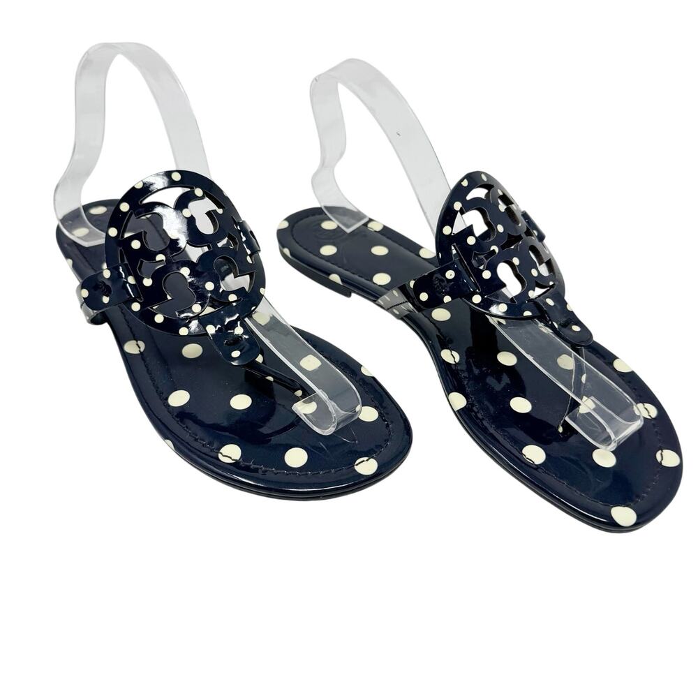 Tory Burch Miller Sandals Size 10 Navy Polka Dot Patent Leather Thong Flats